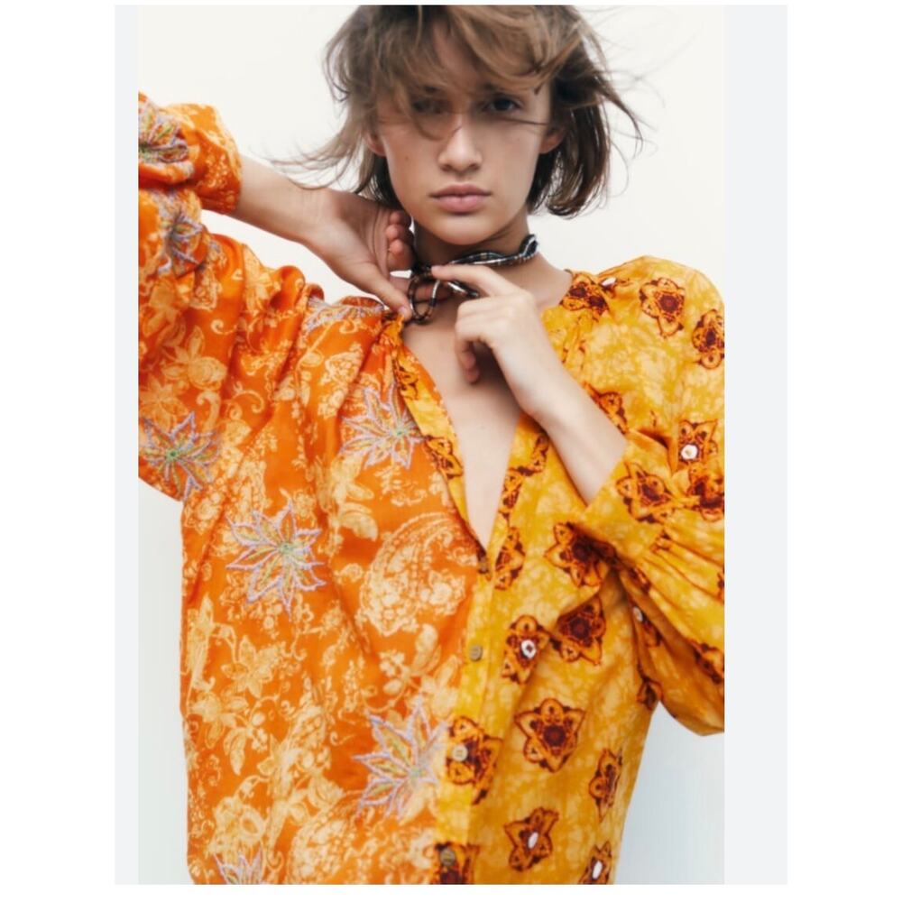 Zara Indian Block Print Cotton Split Neck Embroidered Top Burnt Orange L - Picture 3 of 6